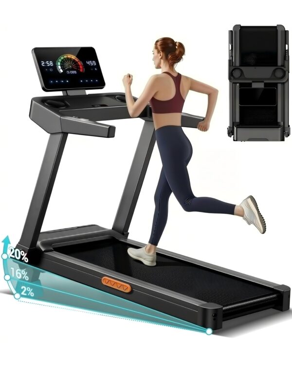 CURSOR FITNESS Foldable Treadmill for Home with 20% Incline, 14KM/H Folding Treadmills with Handles, Portable Indoor Running Machine with 180KG Weight Capacity, Large Running Belt and LED Touch Screen