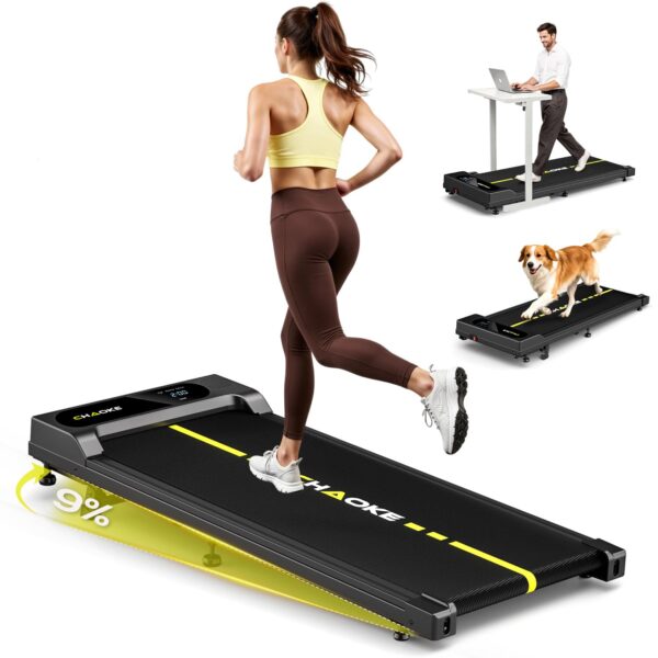 CHAOKE Walking Pad with 9% Incline - Under Desk Treadmill with App, 2.7HP 1-10KM/H Running Machine Built-in Speaker One-Piece Molded, 330 lbs Capacity, Jogging Machine for Home Office